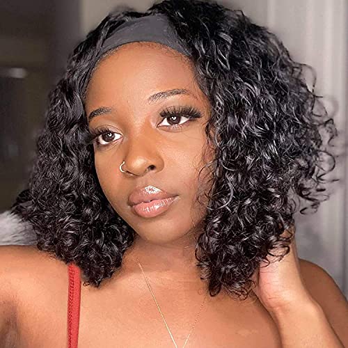 Amella Hair Headband Wig Human Hair Wigs for Black Women Brazilian Virgin Kinky Curly Human Hair Wigs Glueless Curly Wave Human Hair Headband Wigs 150% Density(12 inch)