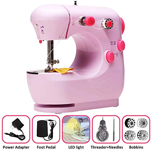 Mcree Mini máquina de coser portátil con 12 puntadas integradas, 2 velocidades y pedal de pie, máquina de reparación, herramienta de mano para principiantes y adultos para ropa de tela (rosa)