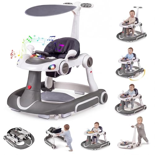 COSTWAY 7 en 1 Andador Bebes con Capota, Tacata Bebe Plegable con Altura y Velocidad Regulables con Modo Mecedora, Música, Luces y Diseño Antivuelco,Caminador para Bebe de 7 18 Meses (Gris y Blanco)