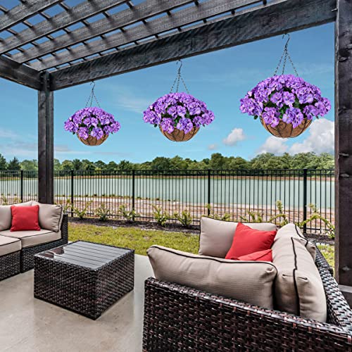 Zfprocess Artificial Flowers Hanging Basket With Begonia Silk Flowers For Outdoor/Indoor, Artificial Plants In Coco Coir Liner Basket Artificial Geranium Flowers For Patio Lawn Garden Decor(Blue) #TOP2