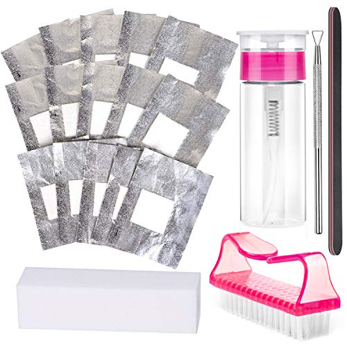 Gel Nail Polish Remover Tool - 100pcs Nail Polish Remover Foils 1pcs Pump Dispenser Cuticle Pusher Nail Brush Nail File Nail Buffer ECBASKET Gel polish Remover Tool Kit