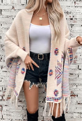 Women's Fashion Knitted Shawl Wraps Open Front Fringe Sweater Coat Ethnic Poncho Cape with Sleeves Cloak Scarf4