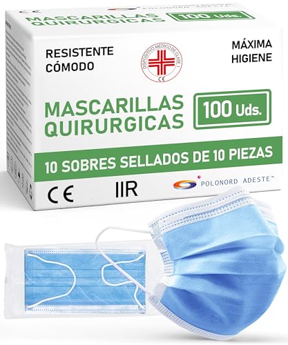ADESTE – 100 Mascarillas Quirúrgicas desechables Tipo IIR, 3 Capas, Certificada CE...