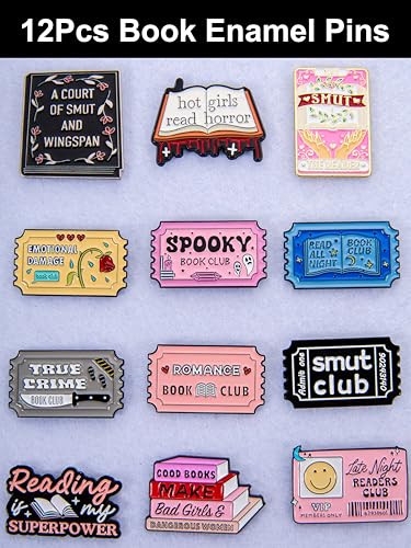 Book Enamel Pins Set – Literary-Themed Lapel Pins for Romance, Smut, Horror – Metal Collectible Accessories for Book Clubs, Readers, and BookTok Lovers – 12-Pack2