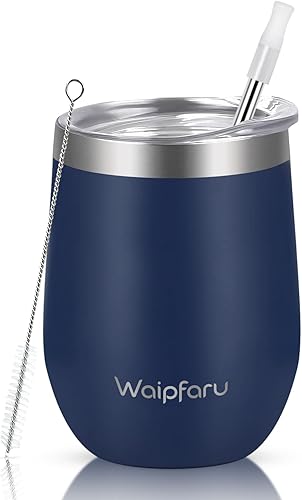 Miniatura 1 de Waipfaru Vaso de vino aislado de 12 onzas con tapa y pajita, vaso de vino de acero inoxidable sin tallo, vaso de vino de doble pared al vacío para