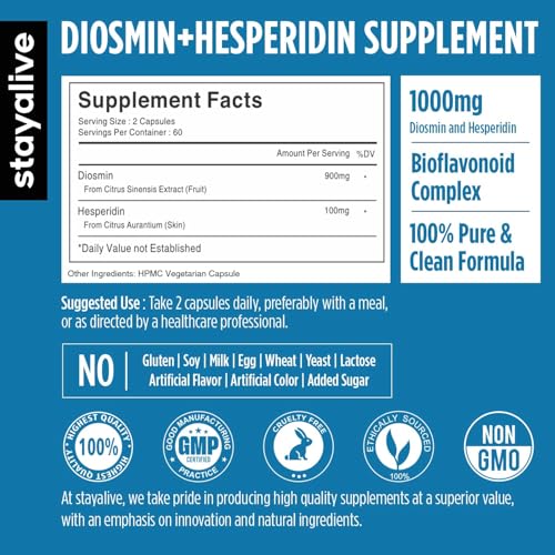 Image of STAY ALIVE Diosmin Hesperidin 1000mg Complex, 120 Count, Citrus Bioflavonoids Rich Fruit Extract, 2 Month Supply, 100% Vegetarian, Non-GMO & Gluten Free Hesperidin and Diosmin Supplement Capsules