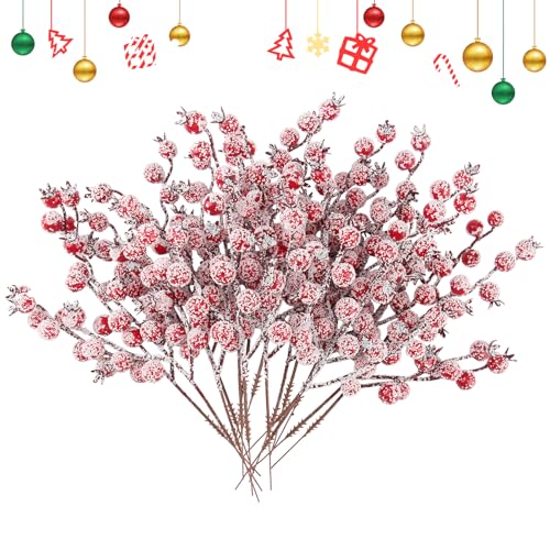 Sunyunze 16 Piezas Bayas Rojas de Navidad con Nieve Artificial Acebo Artificial Rojas Bayas Artificiales para Navidad Manualidades Guirnalda Bodas Hogar de Invierno Adorn