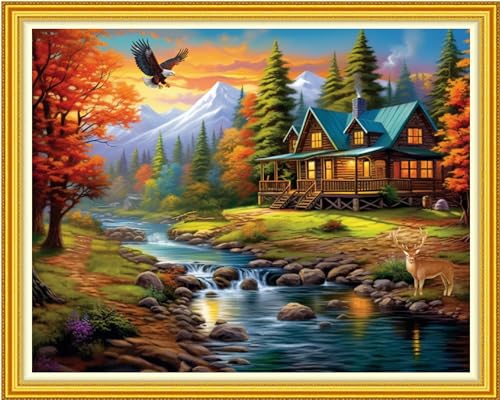 Image of Funxvoot Stamped Cross Stitch Kits Beginners Full Range of Embroidery Kits for Adults 11CT Embroidery Patterns Needlepoint Kits Printed Cross Stitch Kits-Dream House 16x20 inch