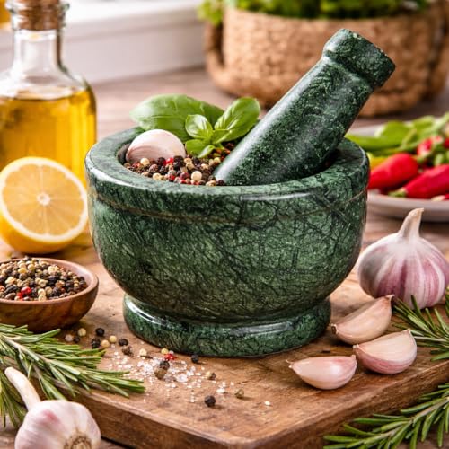 Image of Granite Green Marble Mortar and Pestle Set 5 Inch, Silbatta for Chutney, Kundi Sota, Khalbatta Stone, Imamdasta, Okhli Musal Kitchen Tool for grinding ingredients.