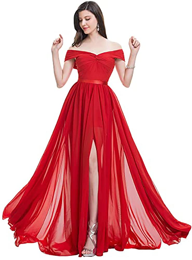 WanXiaoWomen's Off Shoulder Bridesmaid Dresses Pleats A Line Chiffon Formal Prom Dress
