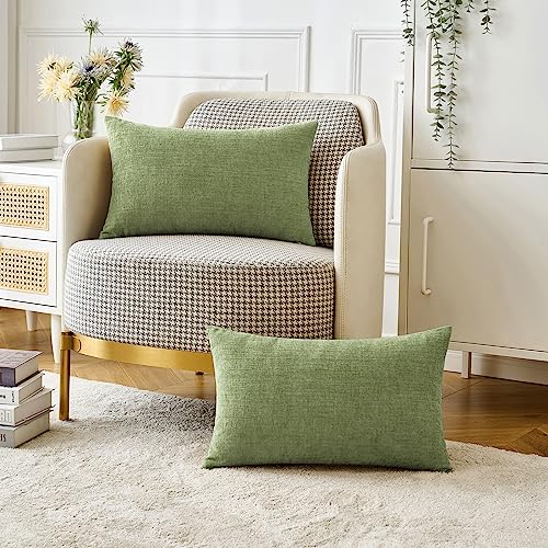 Image of MIULEE Pack of 2 Couch Throw Pillow Covers 12x20 Inch Spring Soft Sage Green Chenille Lumbar Pillow Covers for Sofa Living Room Solid Dyed Cases