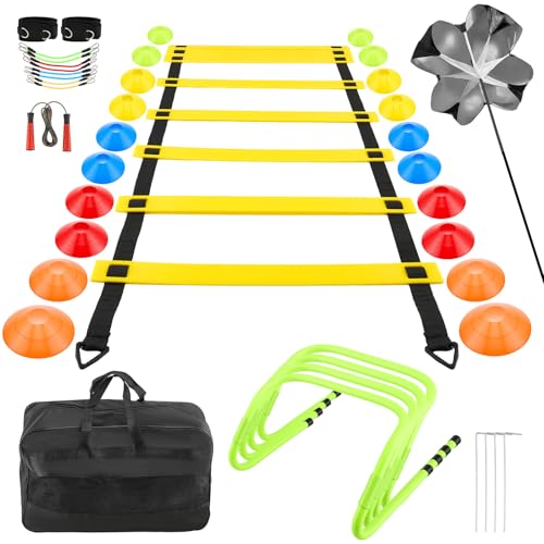 Eirolace Kit Entraînement Foot - Échelle Coordination 6m, 20 Plot, Haies Réglables, Corde à Sauter & Bandes Résistance | Set Complet Sac Transport |...