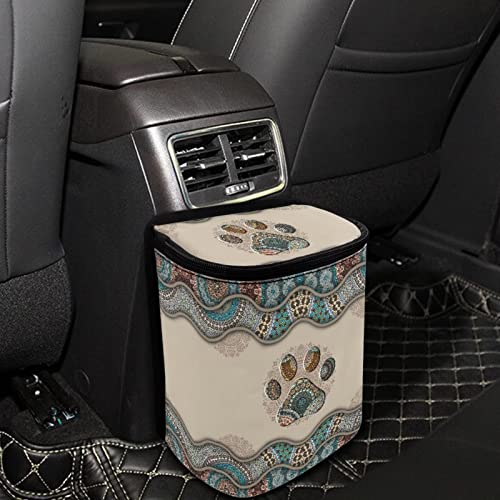 Image of Talayituse Boho Paws Print Car Trash Can with Lid, Leak Proof Auto Trash Bag Hanging Vehicle Garbage Can Multipurpose Storage Container for Back Seat Road Trip