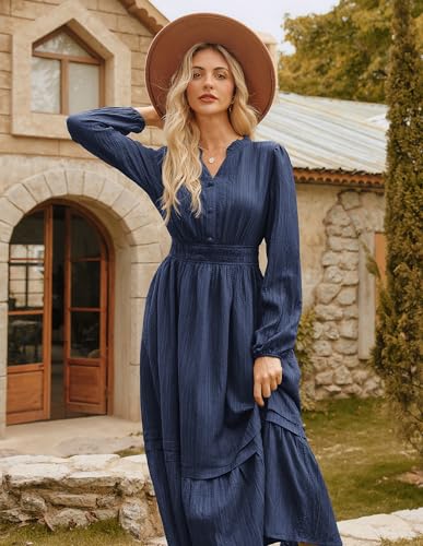 GRACE KARIN 2025 Women's Casual Fall Long Sleeve Midi Dresses, V-Neck Smocked Tiered Dress,Wedding Guest Dress3