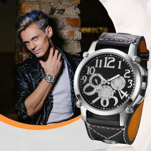 Watches for Men Oversize Steampunk Leather Big Analog Watch (All Black) - 4