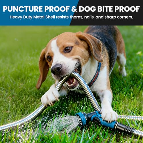 Metal Garden Hose 50FT, Stainless Steel Water Hose with 10 Function Nozzle, Solid Brass Fittings, Lightweight, Kink-Free & Dog Chew Proof for Lawn, Yard, RV, Car Wash, 550PSI - Thumbnail 2