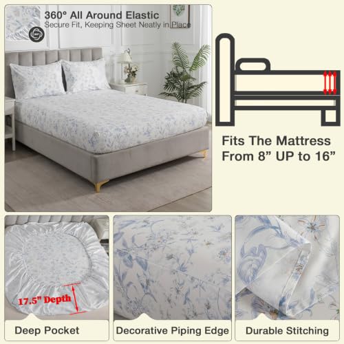 Image of Blue Floral Neutral Percale Bed Sheets King Size Deep Pocket, 4Pcs