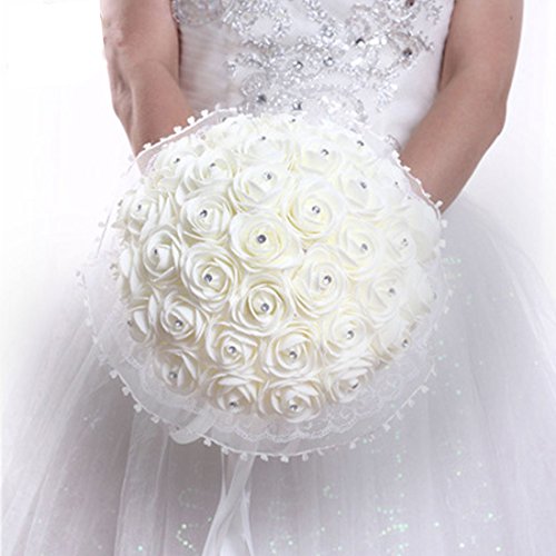 Levoberg Bouquet de Mariée Fleur avec Ruban Elégant Bouquet Mariage Demoiselle d'honneur Blanc
