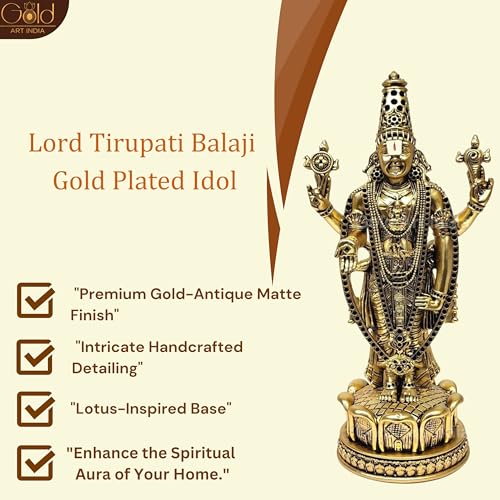 Image of Gold Art India Lord Tirupati Balaji Idol Murti for Mandir | Pooja Room Lord Vishnu Shree Venkateswara Swamy Statue God Balaji Home Decor Showpiece for Gift Living Room (Gold Plated Antique Matte)