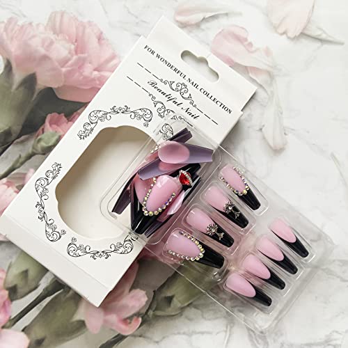 Cutpie Long Fake Nails French Tip Press On Coffin False With Rhinestone Designs Black Nail Acrylic Full Cover Glossy Stick Cute Artificial For Women Girls #TOP4