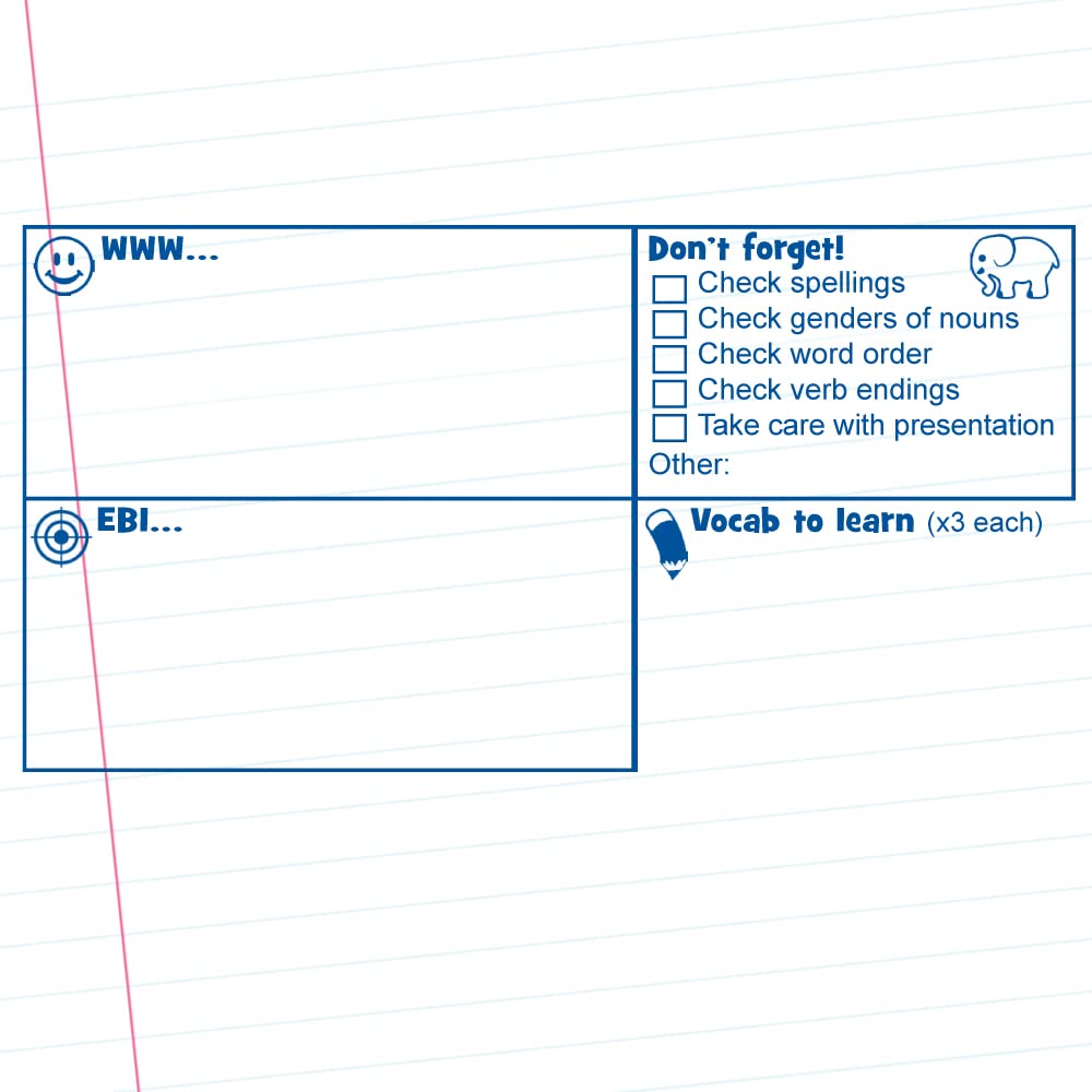 MFL/Languages Teacher Stamp Marking Checklist: Grammar, Presentation, Feedback, Vocabulary to Learn - 10x5cm Self-inking School Stamper. (Blue (DUO Eco Line Mount))