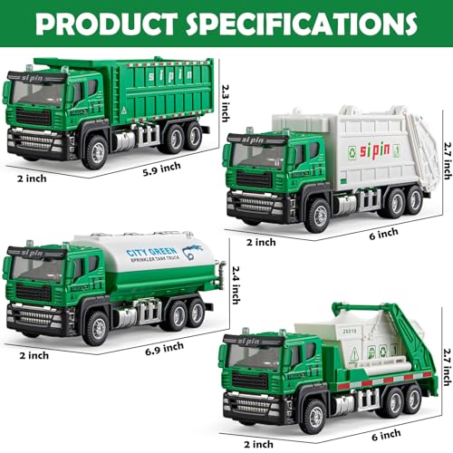 TAKGUD 4 Packs Die-cast Mini Garbage Truck Toy, Metal Trash Truck Vehicles Set for Kids, Friction Powered Recycling, Tankers, Alloy Dump Model Toy for Toddlers Boys