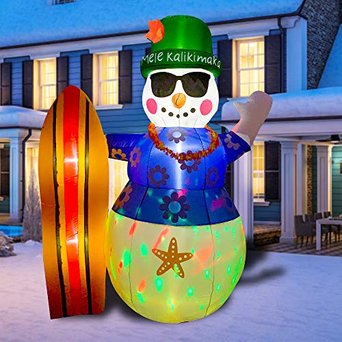 BLOWOUT FUN 8ft Christmas Decoration Inflatable Summer Hawaii Snowman with Surfboard LED Blow Up Lighted Decor Indoor Outdoor Holiday Art Decor Decorations