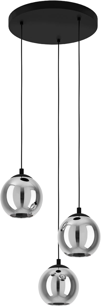 Eglo Eglo Hanglamp Ariscani, 3-lichts cluster hanglamp eettafel, hanglamp van metaal in zwart en rookglas in zwart-transparant, eetkamerlamp hangend, E27-fitting, Ø 42,5 cm