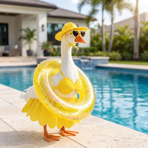 yuboo Hawaiian Porch Goose Outfits, 23'' Summer Bikini Goose Clothes with Swim Ring, Sunglasses, Hat and Skirt, Yellow Goose Statue Outfit for Outdoor Garden Lawn Yard Decor
