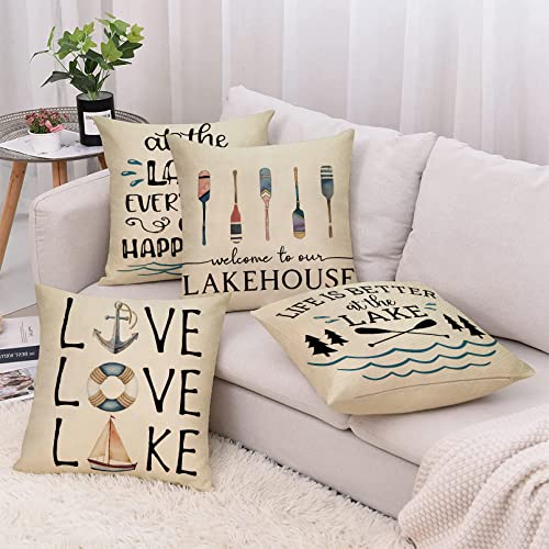 Softxpp Life Is Better At The Lake House Decorative Throw Pillow Cover Set Of 4, Farmhouse Paddles Anchor Lakehouse Cushion Case, Lakehouse Rustic Spring Summer Home Decoration Pillowcase Decors 20X20 #TOP3