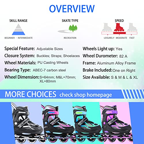 Sowume Adjustable Inline Skates for Girls and Boys, Roller Skates with All Light Up Wheels, Patines para Mujer for Kids and Adults, Men, Women
