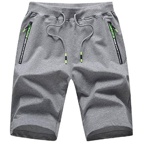 JustSun Mens Shorts Running Gym Sports Summer Casual Shorts with Zip Pockets Grey Small
