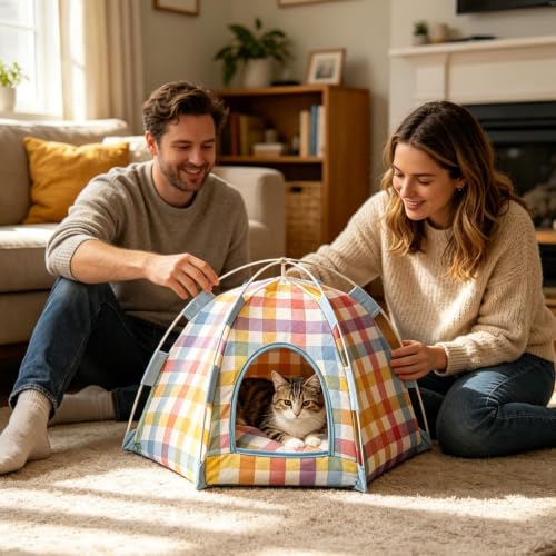 Cat Tent Indoor 18.5 Inch Foldable Pet Tents For Cats Small Dogs | Portable Canvas Cat House Bed | Breathable Mini Tent for Indoor Outdoor Travel. 660g, Alloy Frame, 47x40x35cm-5