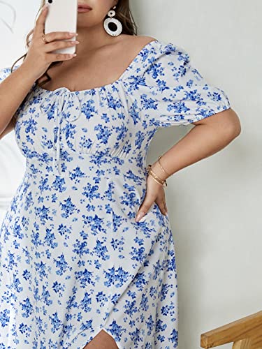 Shein Women's Square Neck Dress Allover Floral Knot Split Thigh A-Line Dress Plus Blue White 4Xl #TOP4