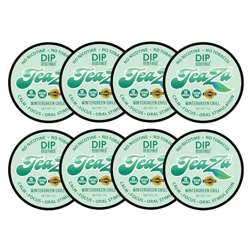 TeaZA Energy Pouches, Tobacco Free Nicotine Free Smokeless Alternative Snuff & Energy Dip Chewing Tobacco Alternative Healthy Dipping Caffeine Free Great for Refreshing - Wintergreen Chill (8 Pack)