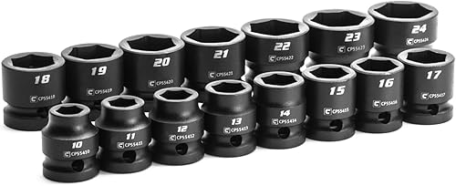 Capri Tools Juego de llaves de vaso de impacto de 1/2 pulgada, métricas, 10 a 0.945 in, 15 piezas