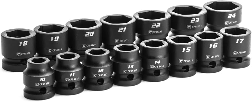 Capri Tools 1/2 in. Drive Stubby Impact Socket Set, Metric, 10 to 24 mm, 15-Piece