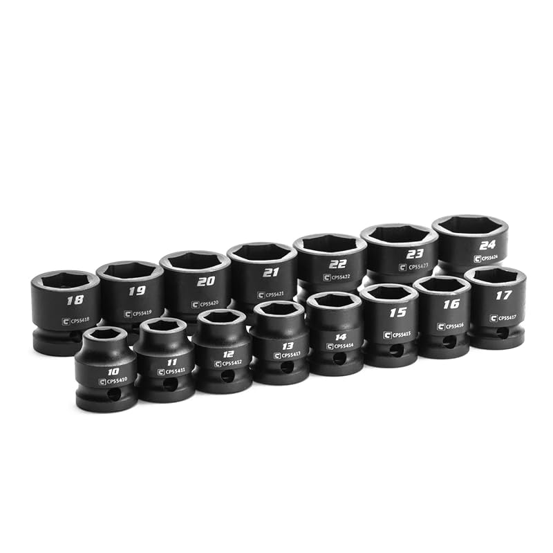 Jogo de Soquetes de Impacto Curtos Capri Tools, Encaixe de 12,7 mm (1/2 pol.), Métricos de 10 a 24 mm, Kit com 15 peças