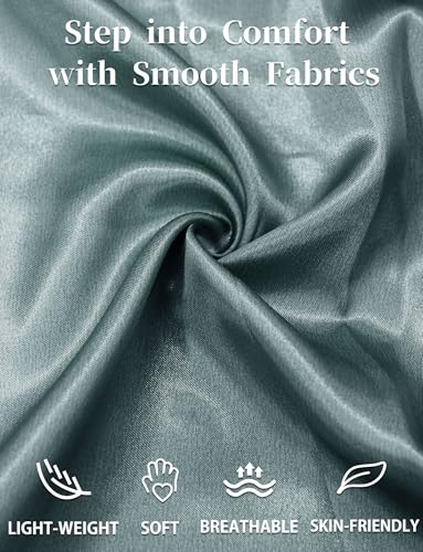 FEOYA Damen Satin Bademantel Morgenmantel Lang Seide Kleid V Ausschnitt Lange Robe Hausmantel Nachtwäsche für Spa Haus und Hotel Grün L