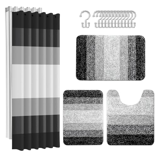 Britimes Bathroom Sets with Shower Curtain and Rugs Set of 4 Black Striped