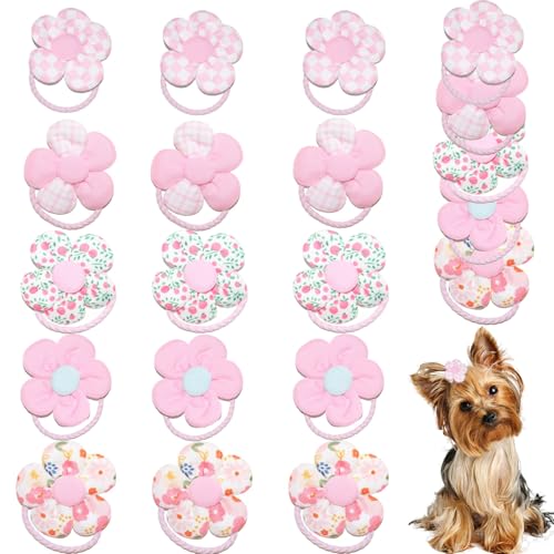 zaabaazina 20 Pcs Handmade Cute Puppy Hair Bows, Flower Bowknot with Rubber Bands for Small Dog Hair Ties Accessories Powder Pink