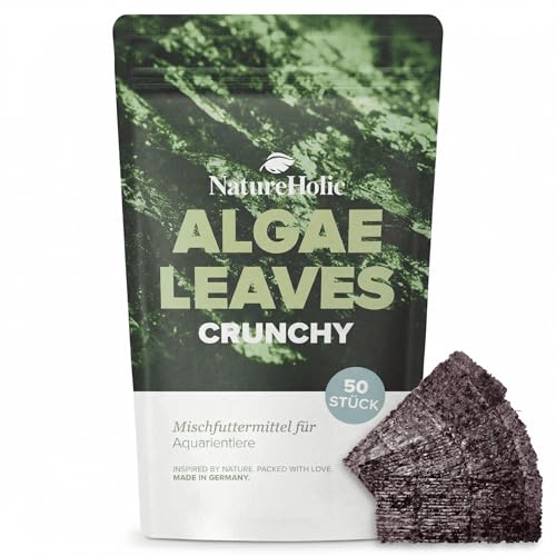 NatureHolic Crunchy Leaves | 100% Algen Platten | Natürliches Premiumfutter für Zierfische, Garnelen, Schnecken & Krebse im Süß- und Meerwasseraquarium | Mit Vitaminen & Spurenelementen | 50 Stück