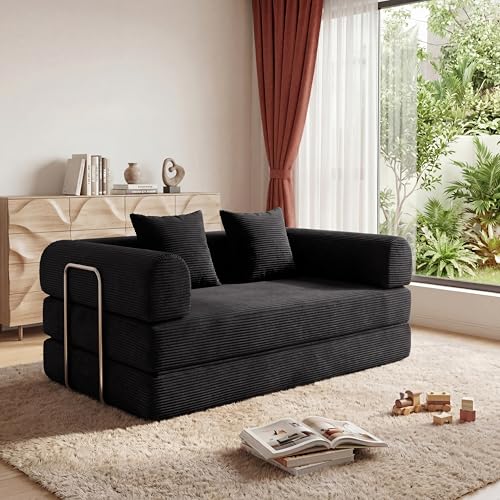 HouseMila Futon Sofa Bed Modular Loveseat Sleeper Folding Pull Out Couch with Pillows, No Assembly Required Boneless Couch for Living Room Bedroom Guest Room (Black, 53.15" Loveseat Sofa)