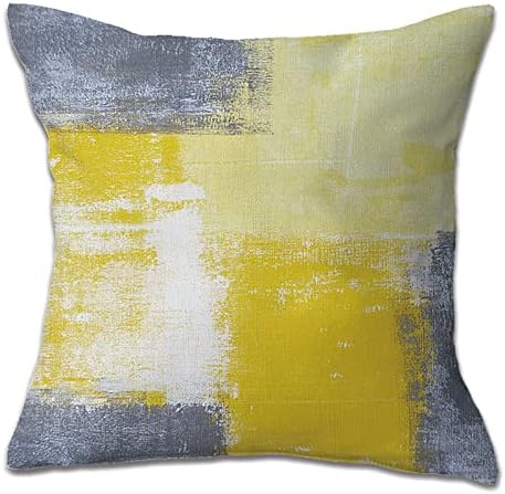 OCEUMACO Linen Cushion Covers 45 x 45 cm for Sofa Set of 4 Square Abstract Mustard Throw Pillow Cases 18x18 Inches Outdoor Modern Geometric Cushion Cover Pack for Home Decor - Yellow Grey