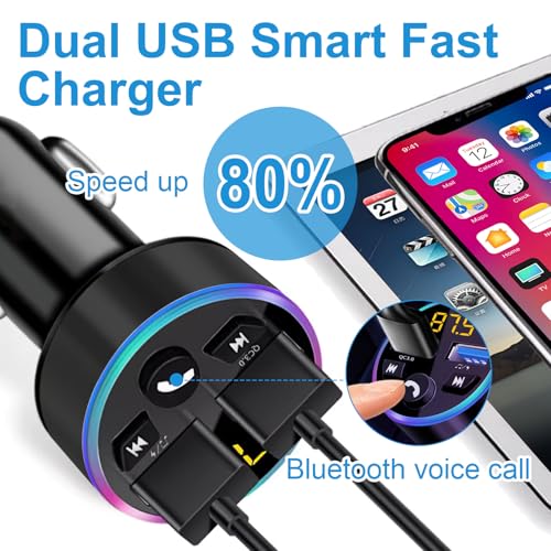 EuAcesry Adaptador Bluetooth para coche, encendedor de cigarrillos para reproductor de música de alta fidelidad, transmisor FM inalámbrico, USB hembra con carga rápida 12/24 V - imagen 5