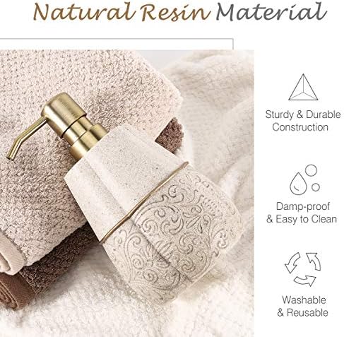 Lewondr Soap Dispenser Bottle, 400ml/14oz Countertop Hand Lotion Pump Bottle, Resin Soap Dispenser with Carved Pattern, Refillable Liquid Bottle for Bathroom, Kitchen - Khaki