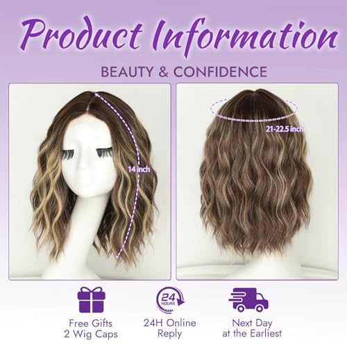 Image of Eawwii Wigs for Women Brown Blonde Highlight,Short Wavy Synthetic Lace Wig | Glueless 4x1 Lace Hairline, Heat-Resistant Fiber,Bob Wave Style,Natural Appearance for Everyday Cosplay 14 Inch