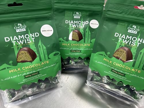 Diamond Twist Pistachio Kunafa Milk Chocolate Bags (Pack of 3) – Dubai Style Chocolate Candy with Pistachio Paste & Kunafa Filling, 450g Each