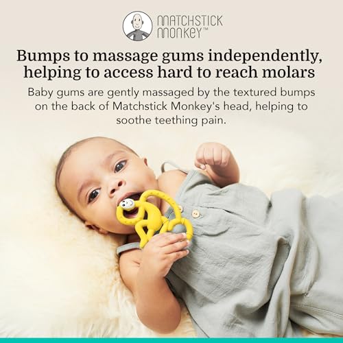 Image of Matchstick Monkey Infant, Antimicrobial Silicone Teether, Easy to Grip, Bpa Free, 3 Months Old+, 10 Cm, Easy to Hold & Naturally Fits in Mouth, Stimulates and Massages Sore Gums, Yellow Mini Monkey
