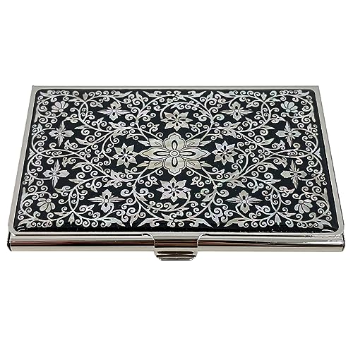 Image of Mother of Pearl Business Card Case Credit Id Name Holder Travel Wallet Art Painting Design Metal Stainless Steel Engraved Slim Purse Pocket Cash Money Wallet (Arabesque)